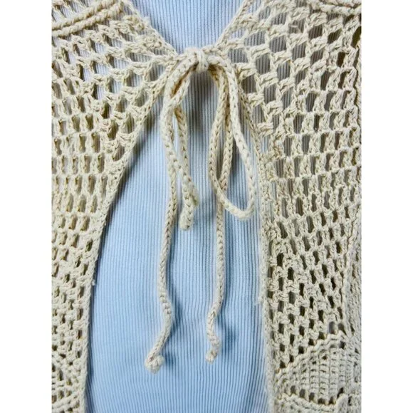 Vintage 90s Crochet Tie Front Duster Cardigan| Boho Coastal Cowgirl Cottagecore - Picture 3 of 16